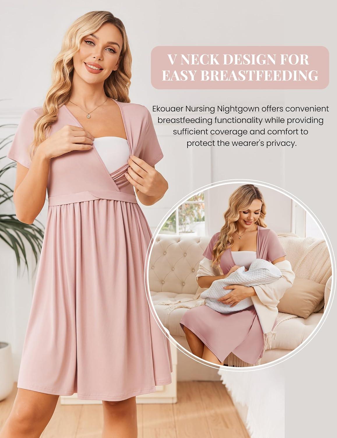 imageEkouaer Women 3 in 1 Labor and Delivery Gown Split Front Flap Maternity Hospital Dress Nursing Nightgown for BreastfeedingDirty Pink
