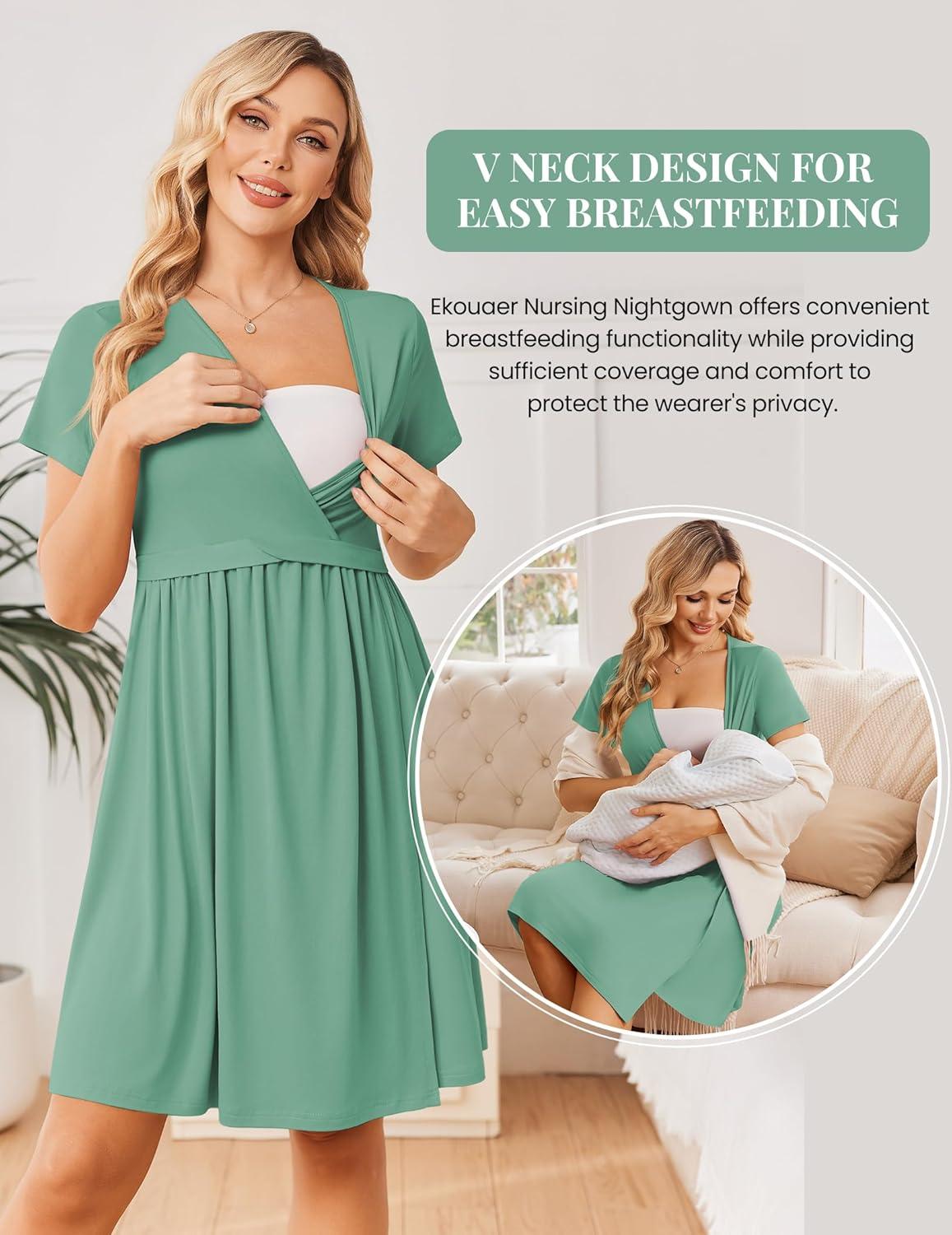 imageEkouaer Women 3 in 1 Labor and Delivery Gown Split Front Flap Maternity Hospital Dress Nursing Nightgown for BreastfeedingGreen