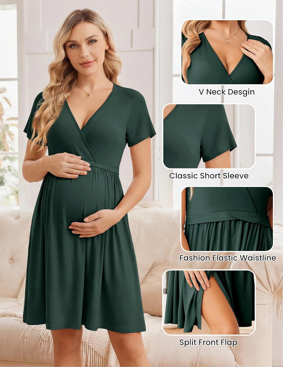 imageEkouaer Women 3 in 1 Labor and Delivery Gown Split Front Flap Maternity Hospital Dress Nursing Nightgown for BreastfeedingLake Green