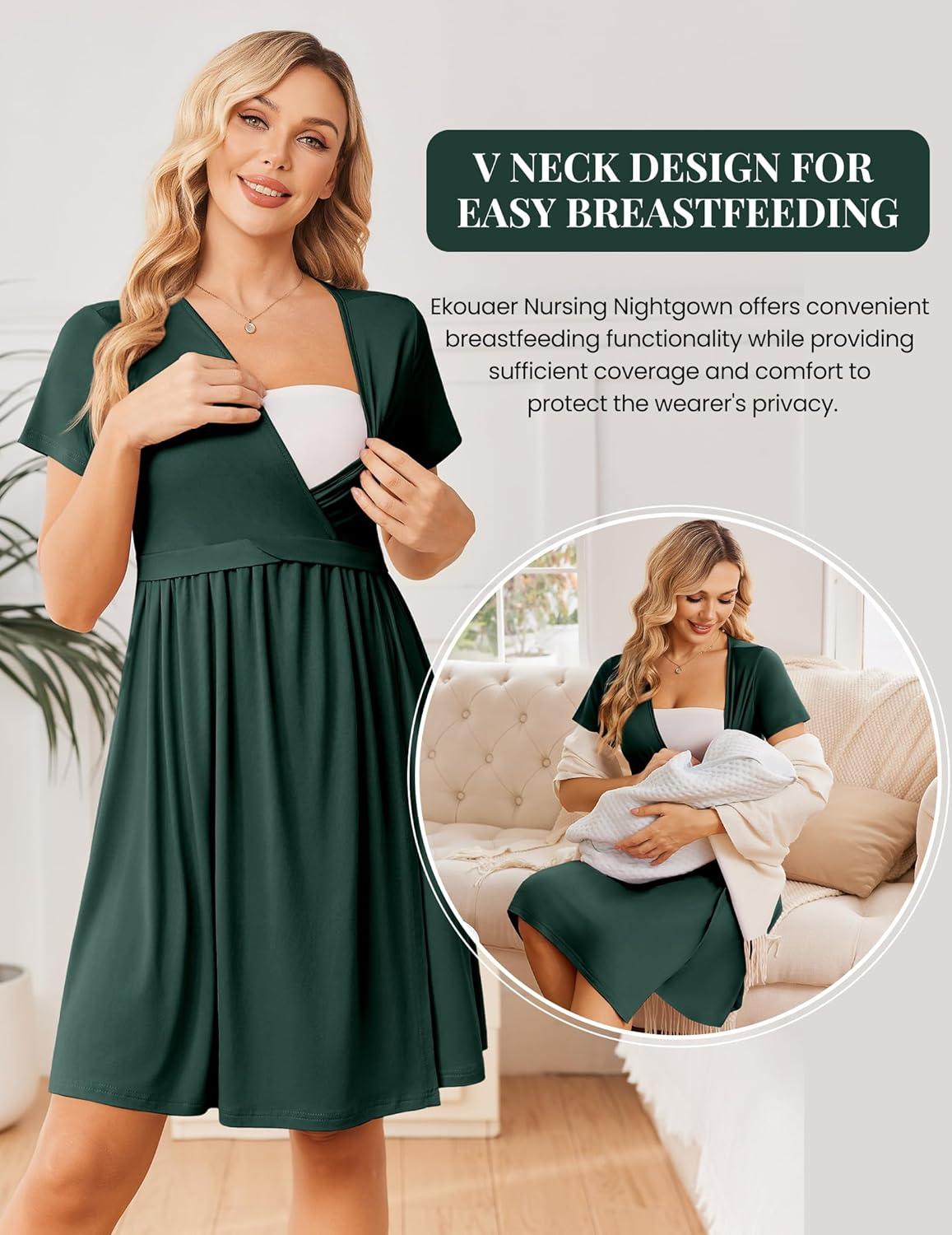 imageEkouaer Women 3 in 1 Labor and Delivery Gown Split Front Flap Maternity Hospital Dress Nursing Nightgown for BreastfeedingLake Green