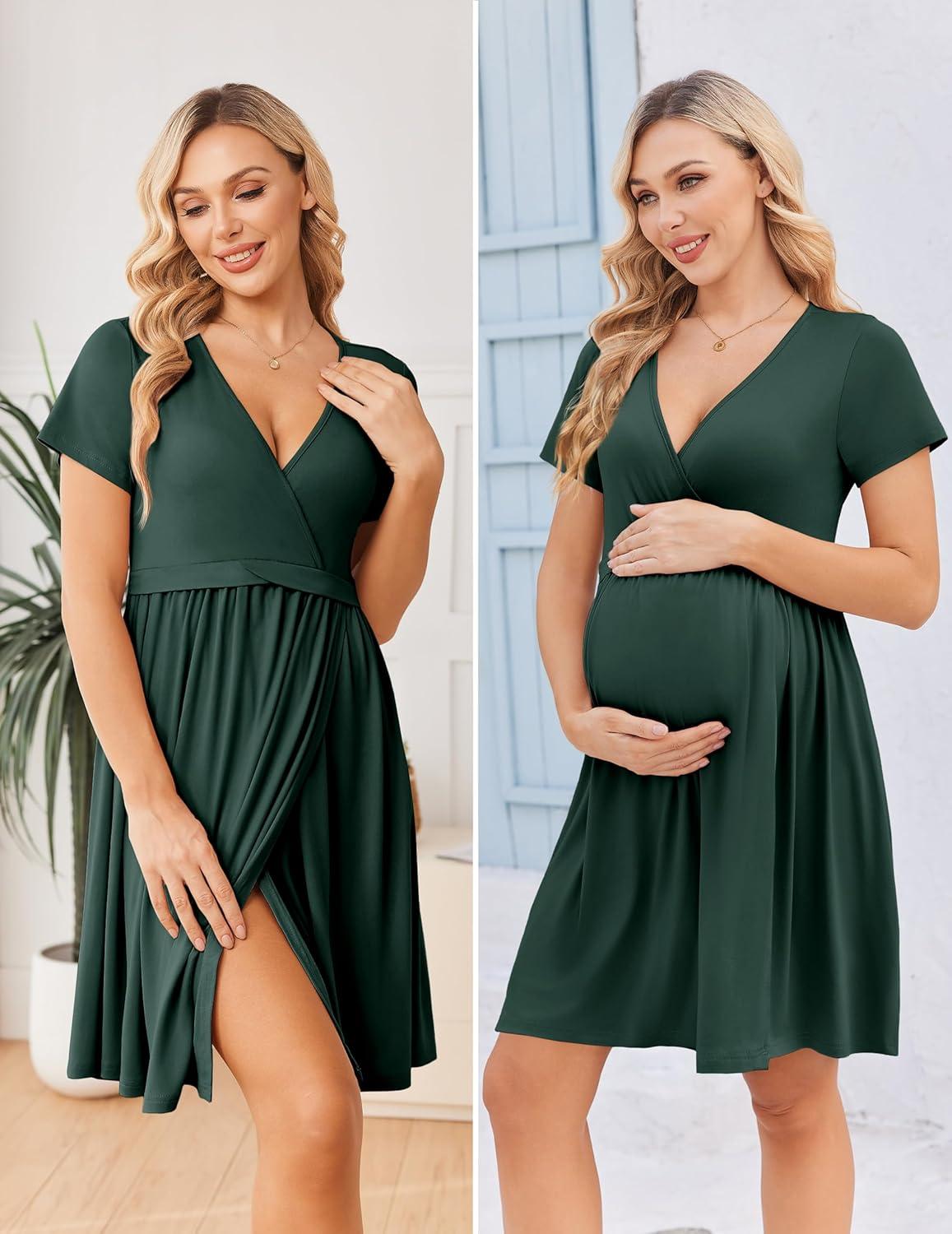 imageEkouaer Women 3 in 1 Labor and Delivery Gown Split Front Flap Maternity Hospital Dress Nursing Nightgown for BreastfeedingLake Green