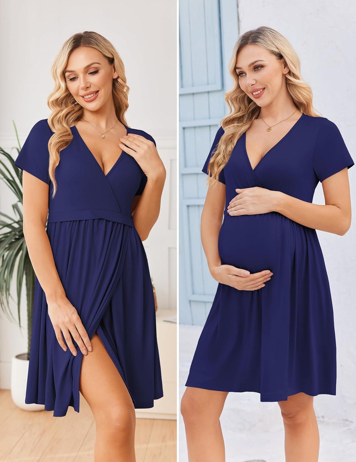 imageEkouaer Women 3 in 1 Labor and Delivery Gown Split Front Flap Maternity Hospital Dress Nursing Nightgown for BreastfeedingNavy Blue