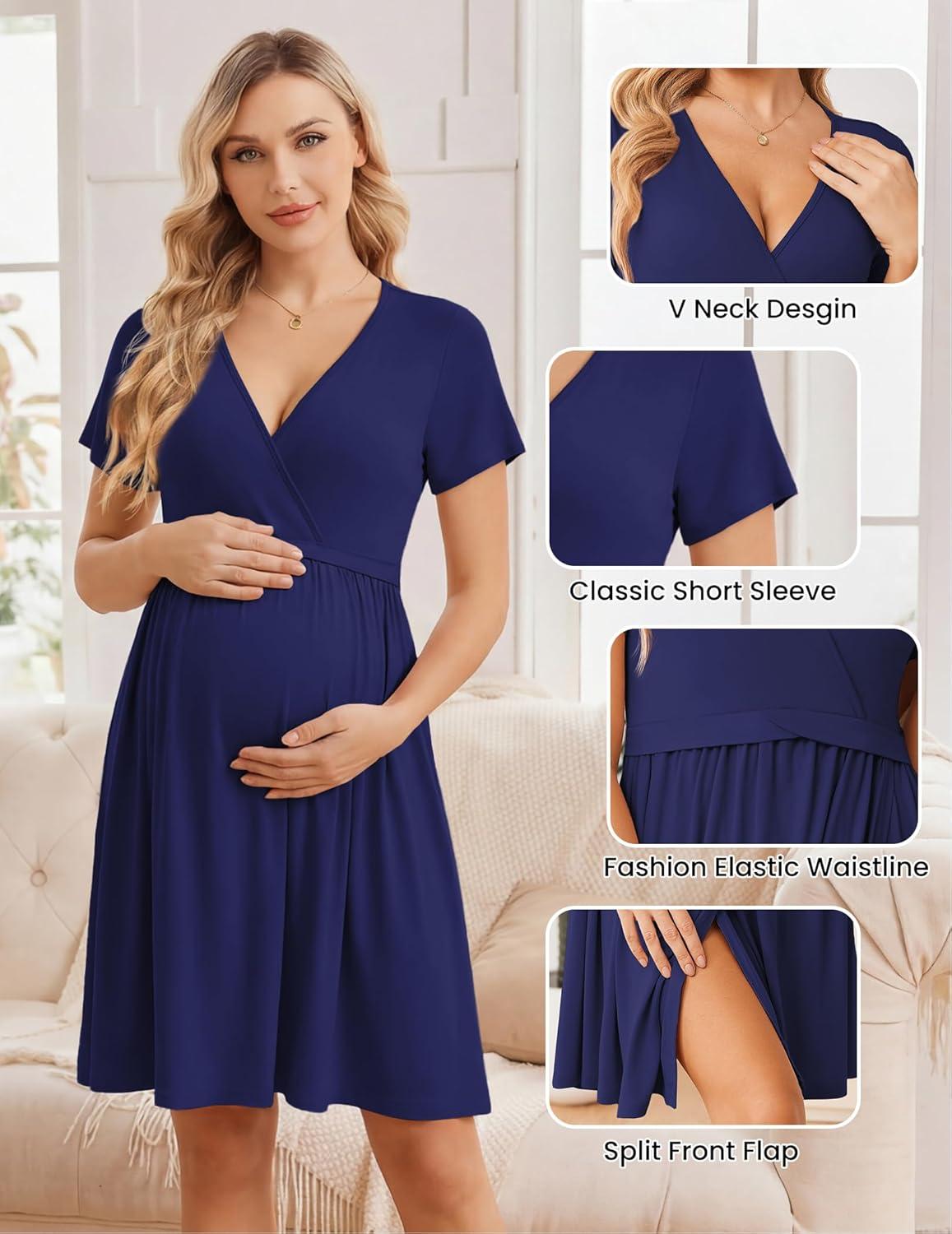 imageEkouaer Women 3 in 1 Labor and Delivery Gown Split Front Flap Maternity Hospital Dress Nursing Nightgown for BreastfeedingNavy Blue