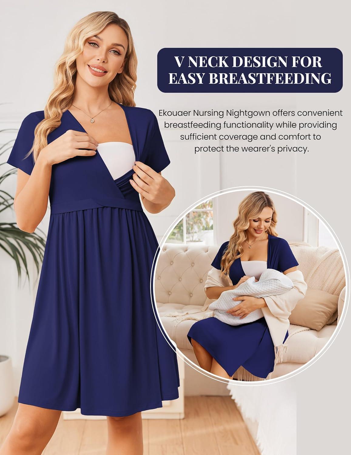 imageEkouaer Women 3 in 1 Labor and Delivery Gown Split Front Flap Maternity Hospital Dress Nursing Nightgown for BreastfeedingNavy Blue