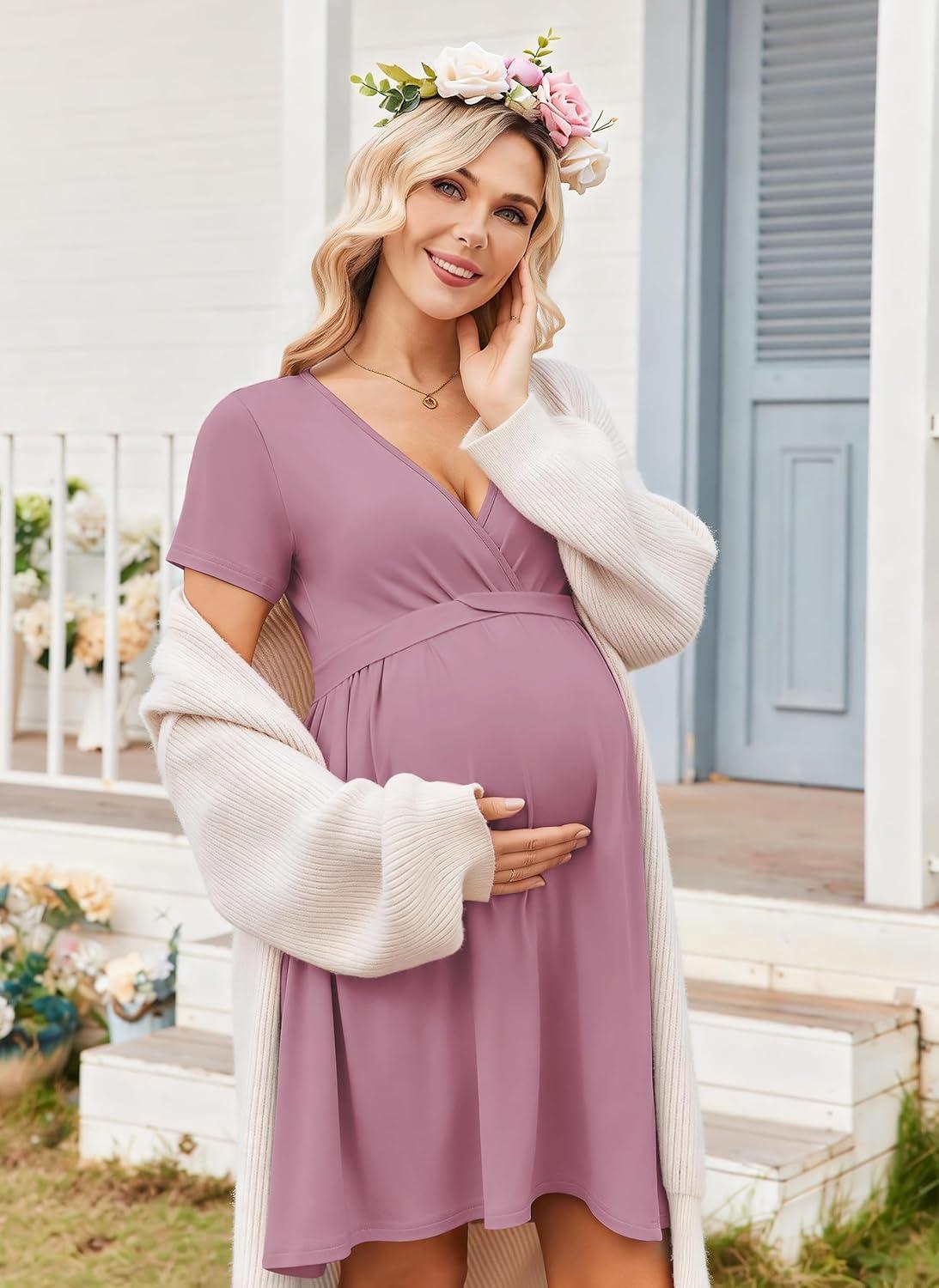 imageEkouaer Women 3 in 1 Labor and Delivery Gown Split Front Flap Maternity Hospital Dress Nursing Nightgown for BreastfeedingTaro Purple