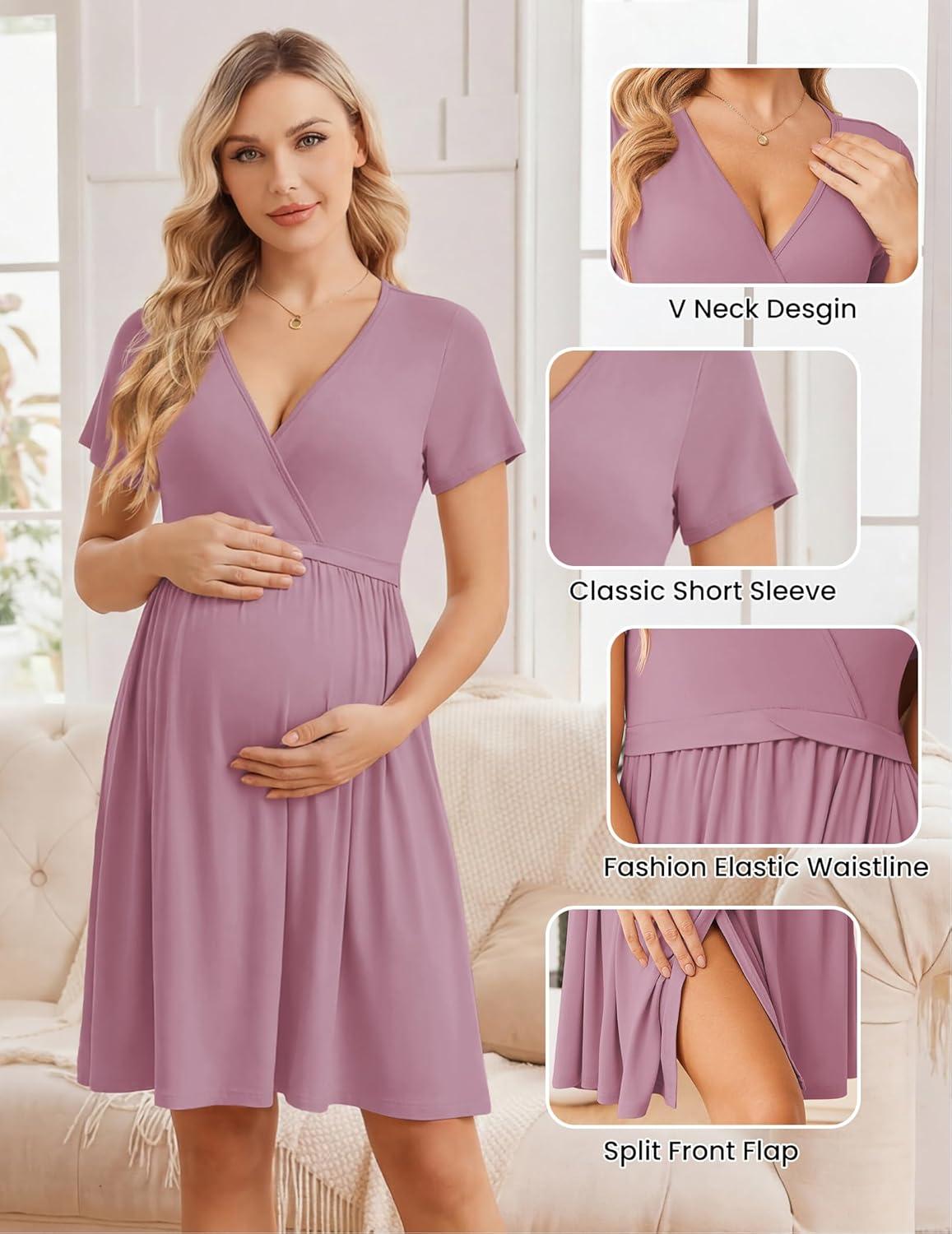 imageEkouaer Women 3 in 1 Labor and Delivery Gown Split Front Flap Maternity Hospital Dress Nursing Nightgown for BreastfeedingTaro Purple