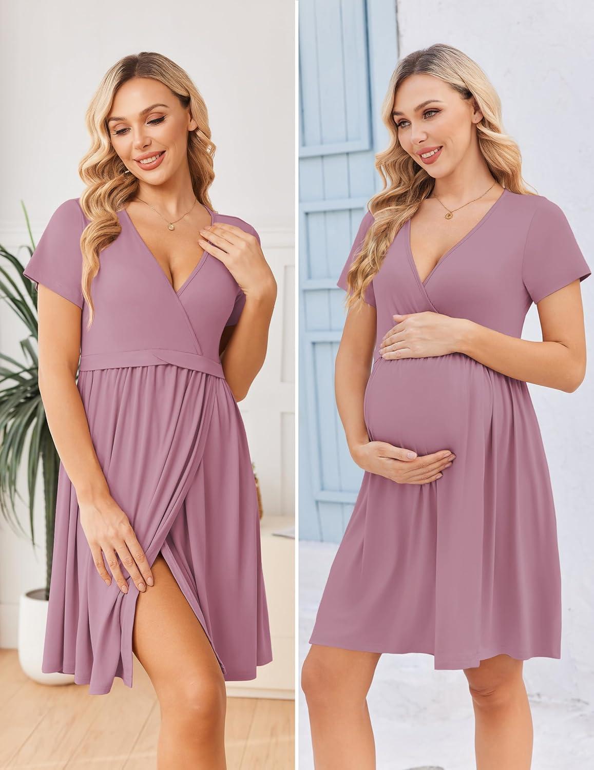 imageEkouaer Women 3 in 1 Labor and Delivery Gown Split Front Flap Maternity Hospital Dress Nursing Nightgown for BreastfeedingTaro Purple