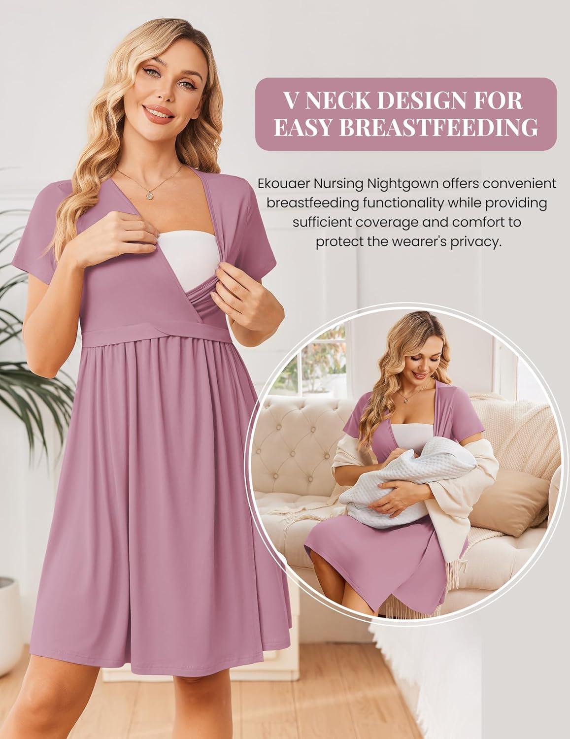 imageEkouaer Women 3 in 1 Labor and Delivery Gown Split Front Flap Maternity Hospital Dress Nursing Nightgown for BreastfeedingTaro Purple