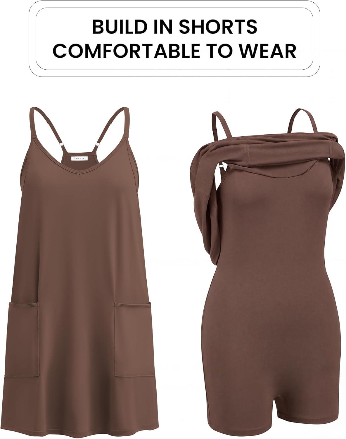 imageEkouaer Womens Athletic Romper Dress Summer Tennis Active Sports Mini Dresses Built in Shorts Travel Vacation Outfits SXXLBrown