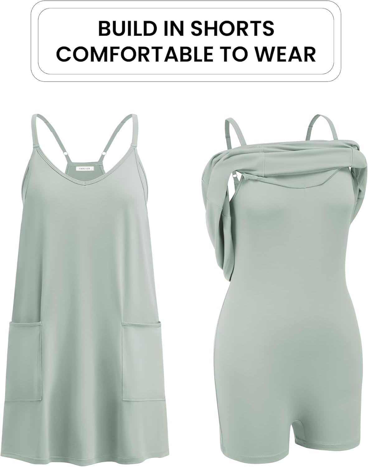 imageEkouaer Womens Athletic Romper Dress Summer Tennis Active Sports Mini Dresses Built in Shorts Travel Vacation Outfits SXXLLight Green