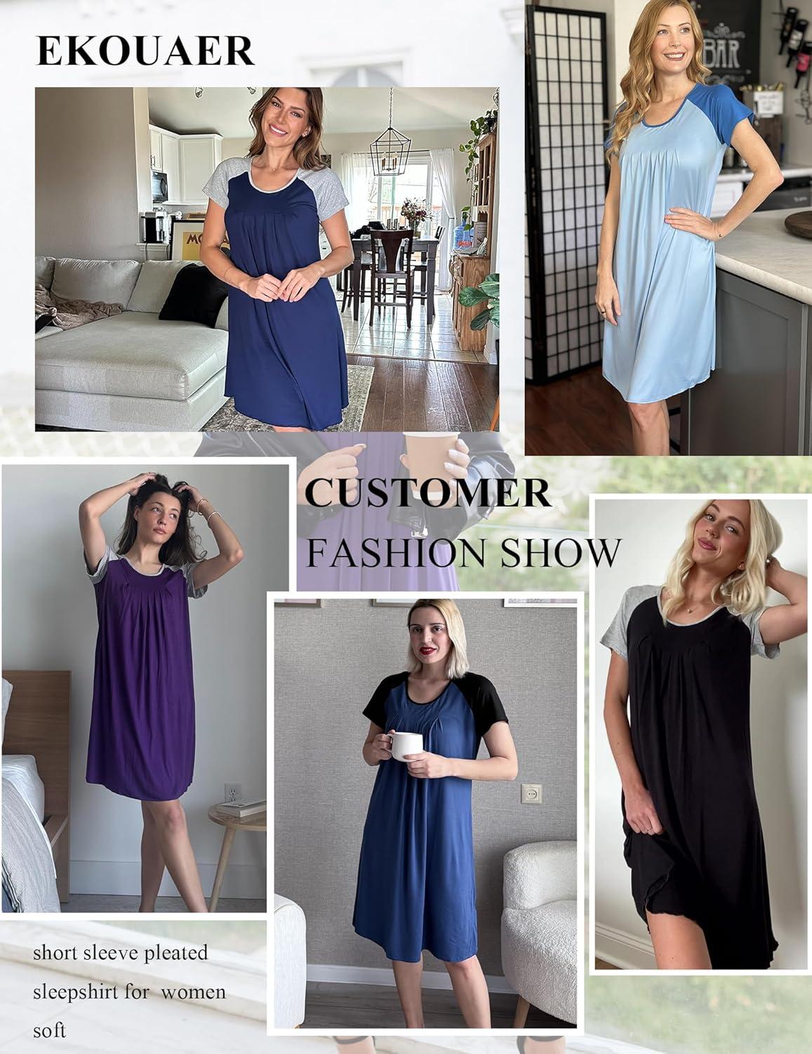 imageEkouaer Womens Nightgown Short Sleeve Sleepwear Comfy Sleepshirts Pleated Scoopneck Nightshirt SXXXLLake Blue