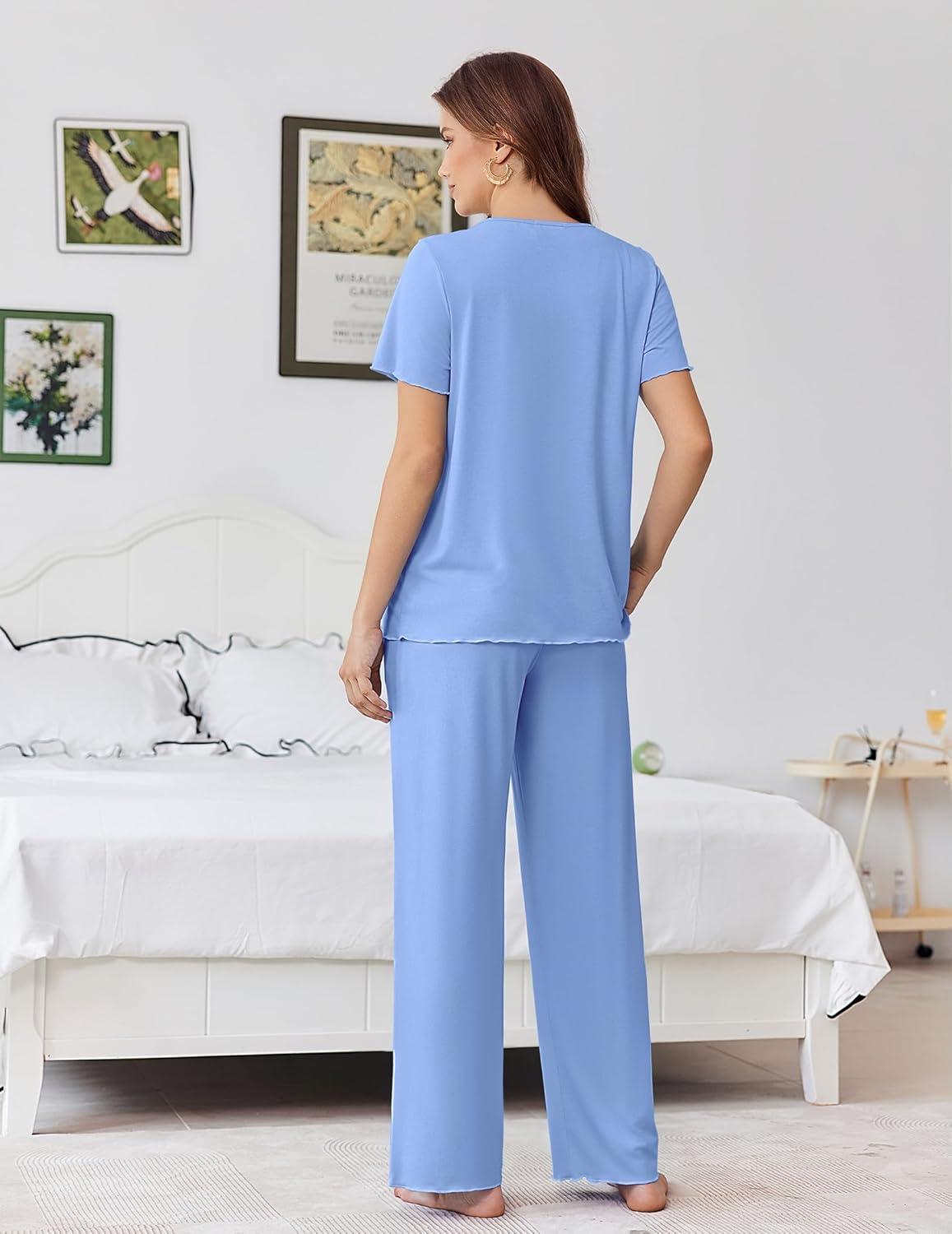imageEkouaer Womens Pajama Sets Viscose from bamboo Lounge Set Soft Pajamas for Women Set Short Sleeve and Long Pants SleepwearBlue