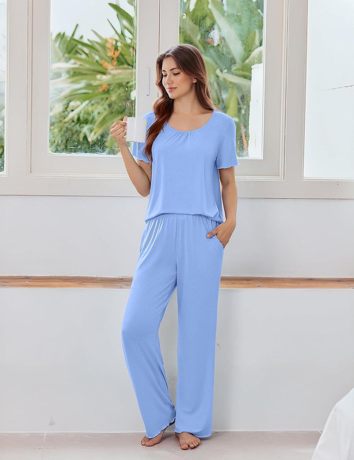 imageEkouaer Womens Pajama Sets Viscose from bamboo Lounge Set Soft Pajamas for Women Set Short Sleeve and Long Pants SleepwearBlue