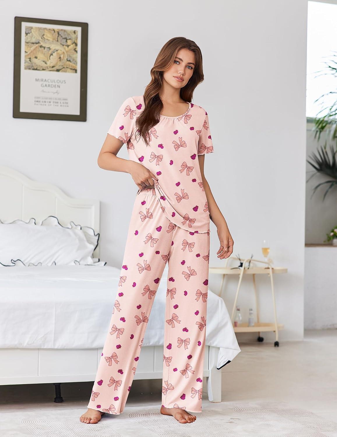 imageEkouaer Womens Pajama Sets Viscose from bamboo Lounge Set Soft Pajamas for Women Set Short Sleeve and Long Pants SleepwearBow