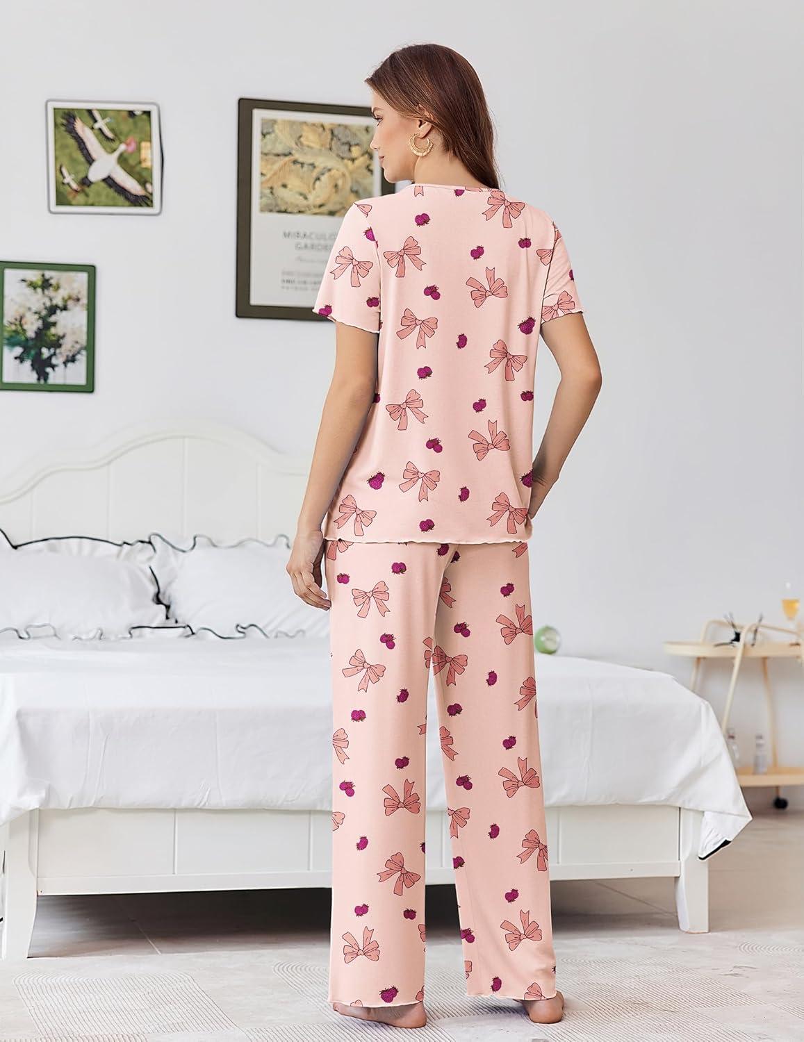 imageEkouaer Womens Pajama Sets Viscose from bamboo Lounge Set Soft Pajamas for Women Set Short Sleeve and Long Pants SleepwearBow