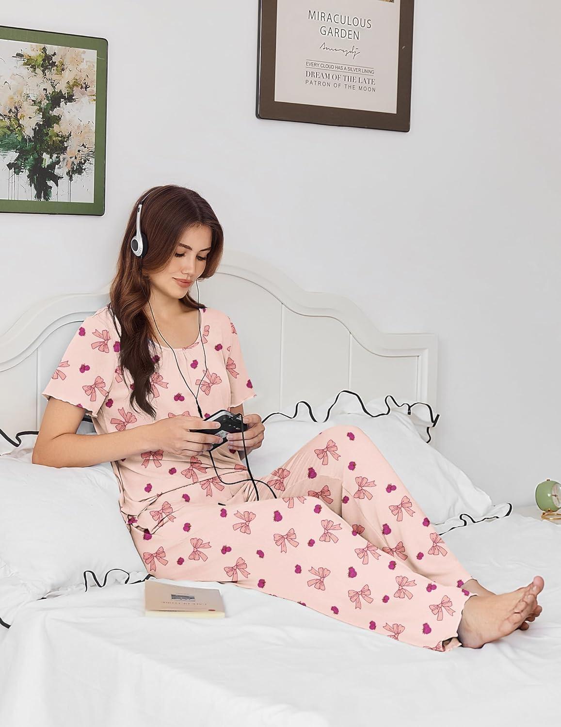 imageEkouaer Womens Pajama Sets Viscose from bamboo Lounge Set Soft Pajamas for Women Set Short Sleeve and Long Pants SleepwearBow