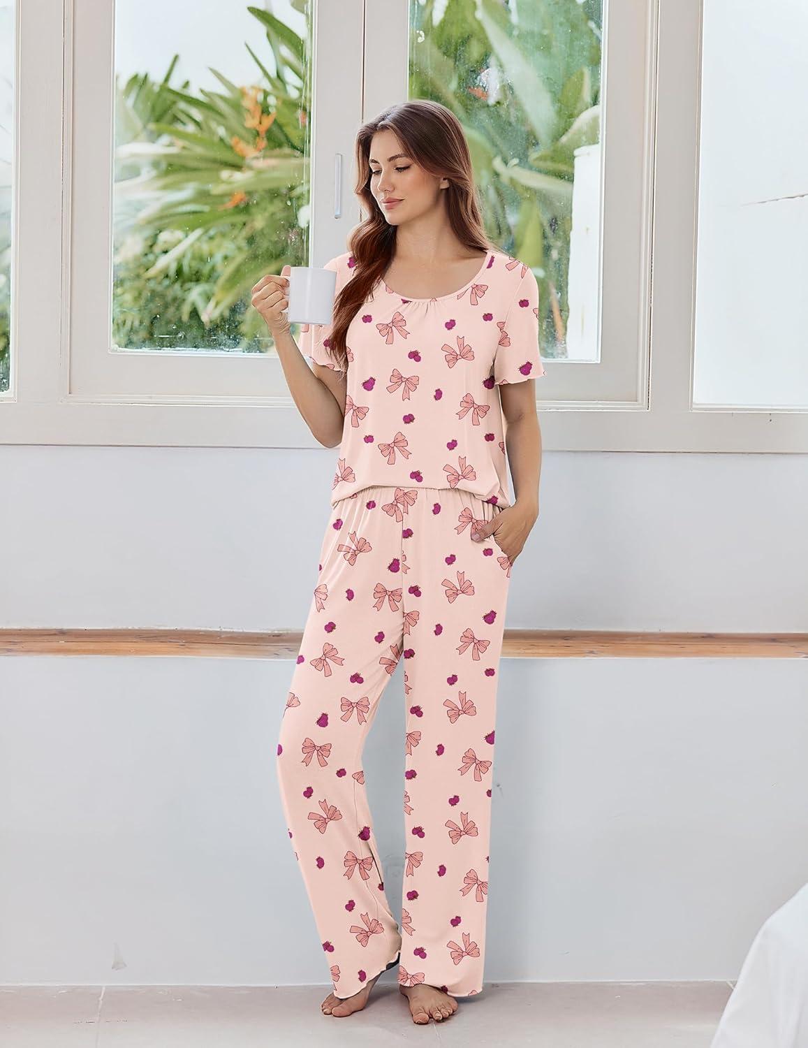 imageEkouaer Womens Pajama Sets Viscose from bamboo Lounge Set Soft Pajamas for Women Set Short Sleeve and Long Pants SleepwearBow