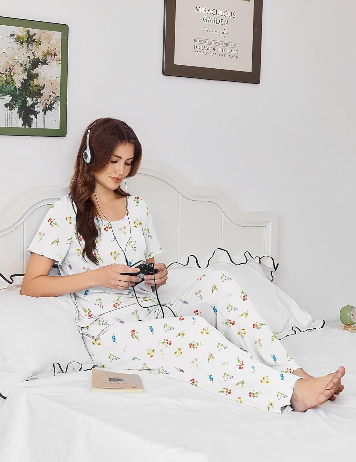 imageEkouaer Womens Pajama Sets Viscose from bamboo Lounge Set Soft Pajamas for Women Set Short Sleeve and Long Pants SleepwearDaisy