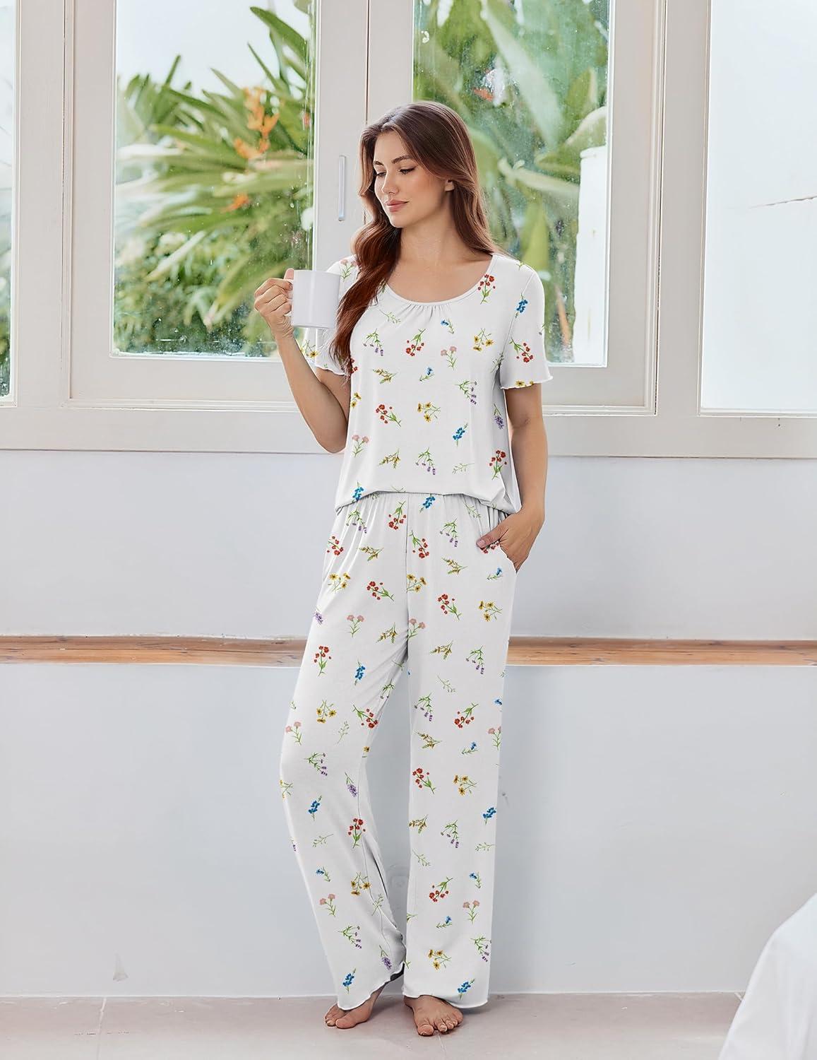 imageEkouaer Womens Pajama Sets Viscose from bamboo Lounge Set Soft Pajamas for Women Set Short Sleeve and Long Pants SleepwearDaisy