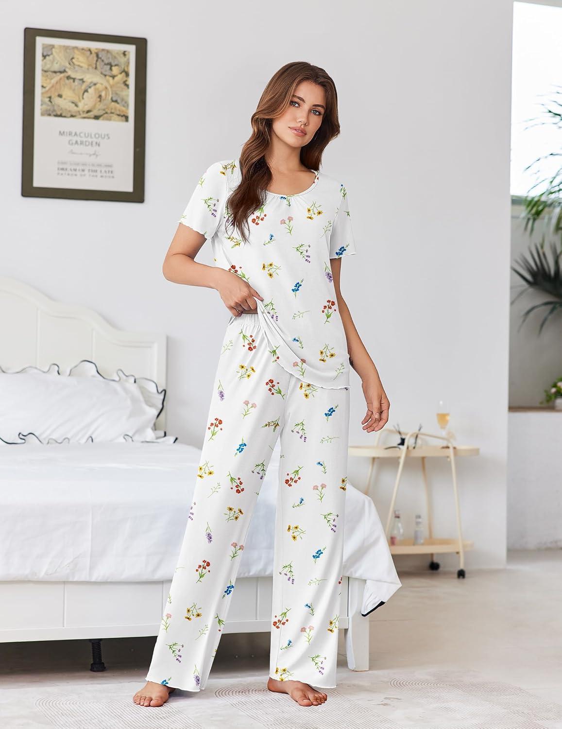 imageEkouaer Womens Pajama Sets Viscose from bamboo Lounge Set Soft Pajamas for Women Set Short Sleeve and Long Pants SleepwearDaisy