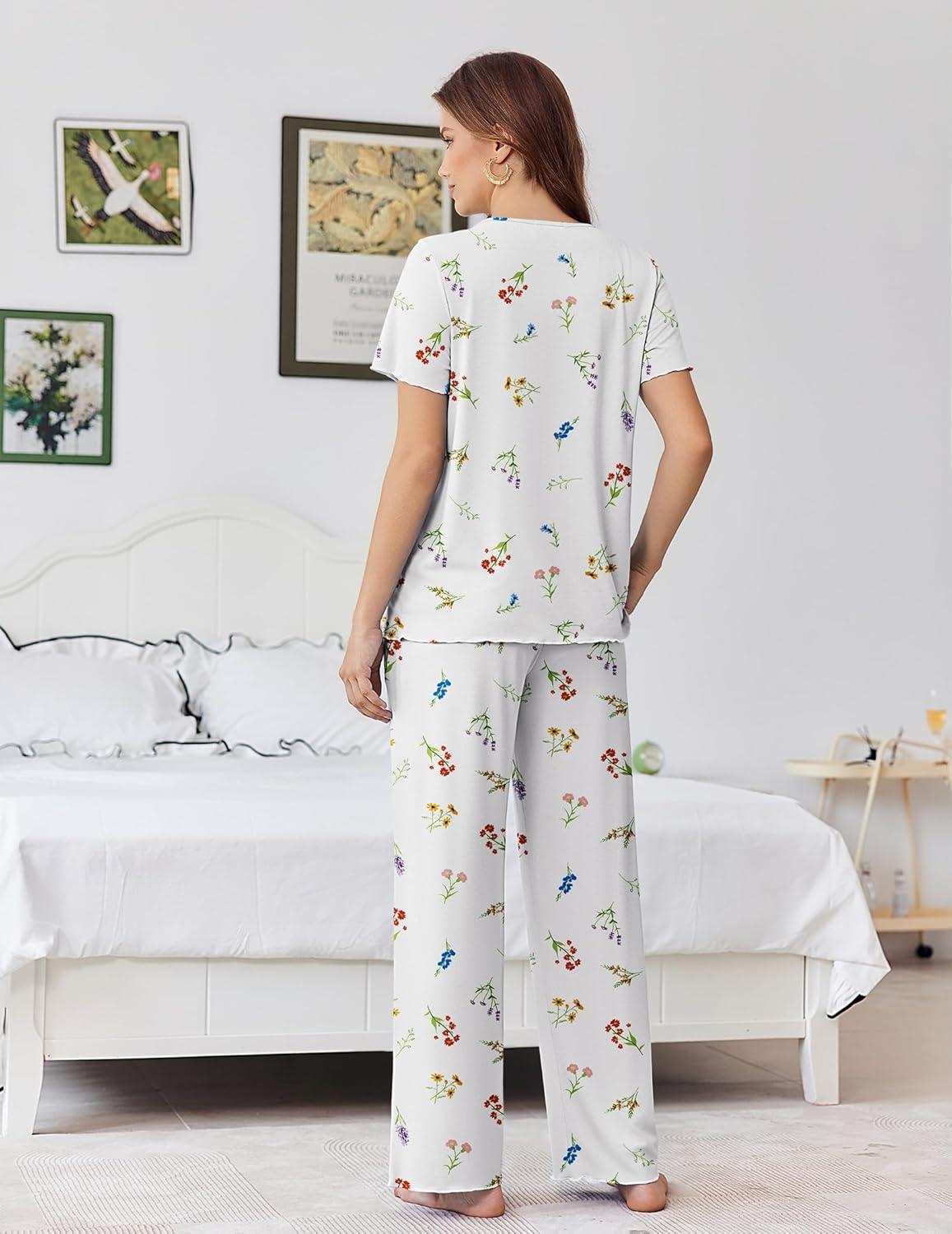 imageEkouaer Womens Pajama Sets Viscose from bamboo Lounge Set Soft Pajamas for Women Set Short Sleeve and Long Pants SleepwearDaisy