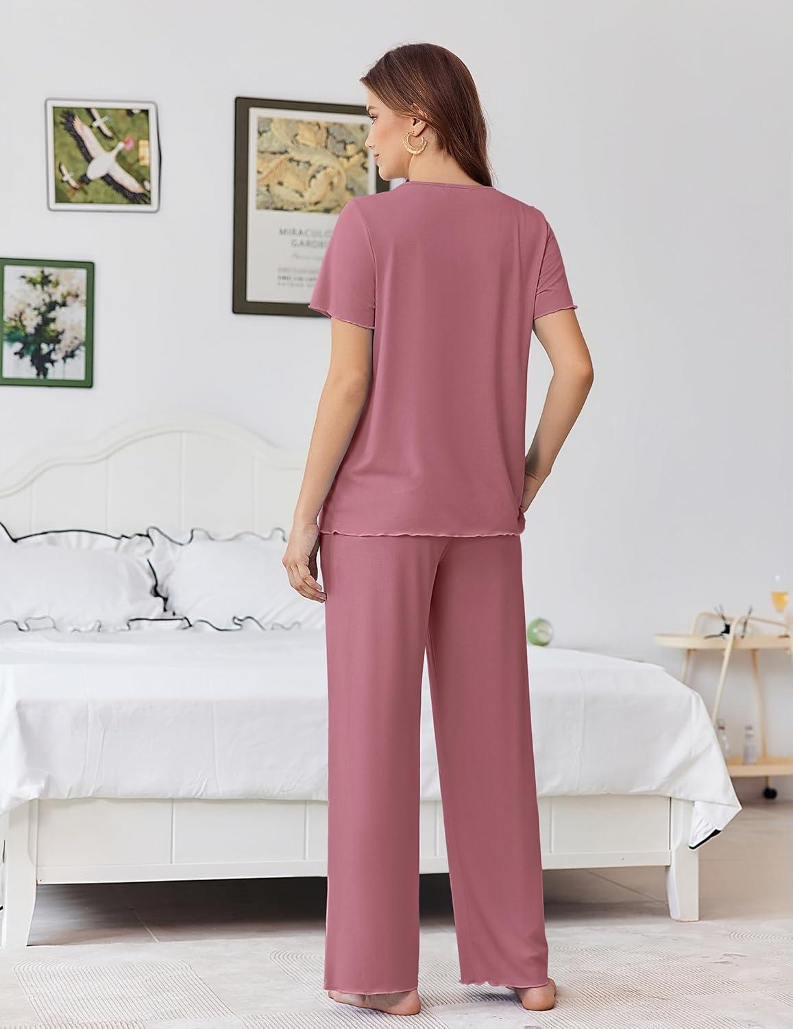 imageEkouaer Womens Pajama Sets Viscose from bamboo Lounge Set Soft Pajamas for Women Set Short Sleeve and Long Pants SleepwearDeep Pink