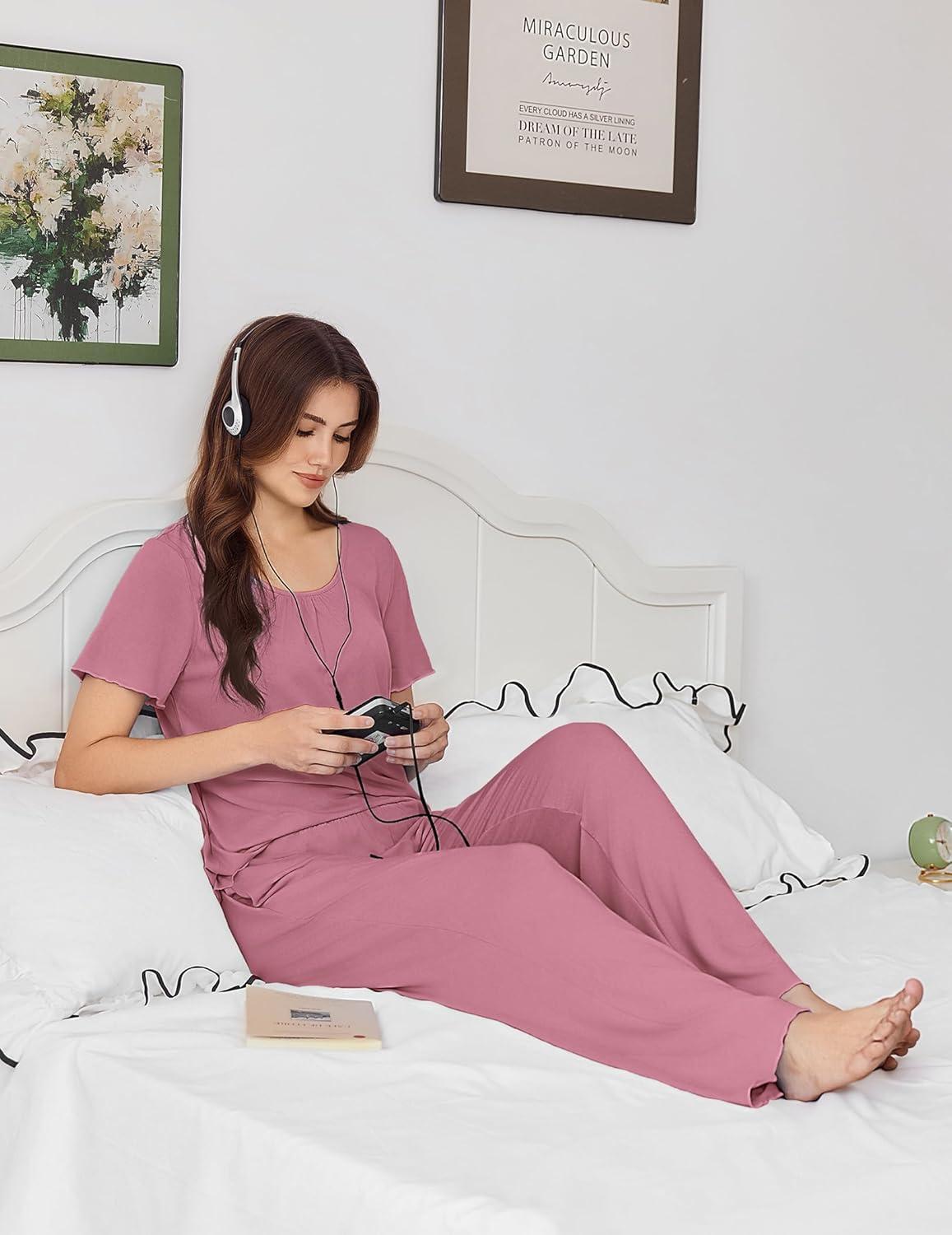 imageEkouaer Womens Pajama Sets Viscose from bamboo Lounge Set Soft Pajamas for Women Set Short Sleeve and Long Pants SleepwearDeep Pink