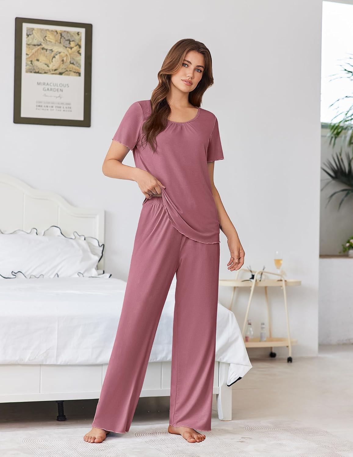 imageEkouaer Womens Pajama Sets Viscose from bamboo Lounge Set Soft Pajamas for Women Set Short Sleeve and Long Pants SleepwearDeep Pink