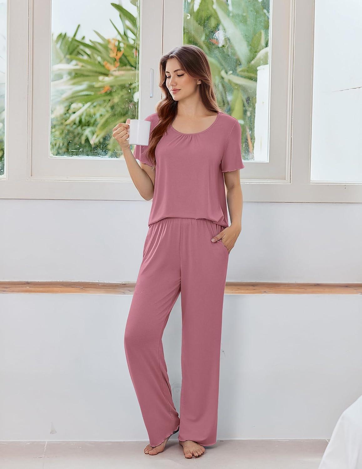 imageEkouaer Womens Pajama Sets Viscose from bamboo Lounge Set Soft Pajamas for Women Set Short Sleeve and Long Pants SleepwearDeep Pink