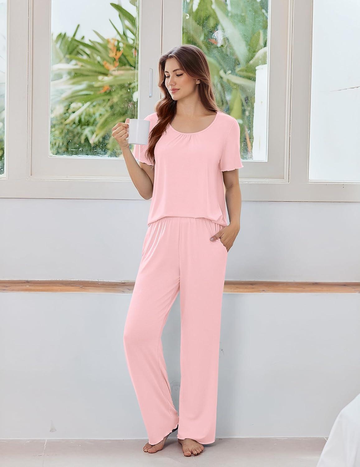 imageEkouaer Womens Pajama Sets Viscose from bamboo Lounge Set Soft Pajamas for Women Set Short Sleeve and Long Pants SleepwearLight Pink