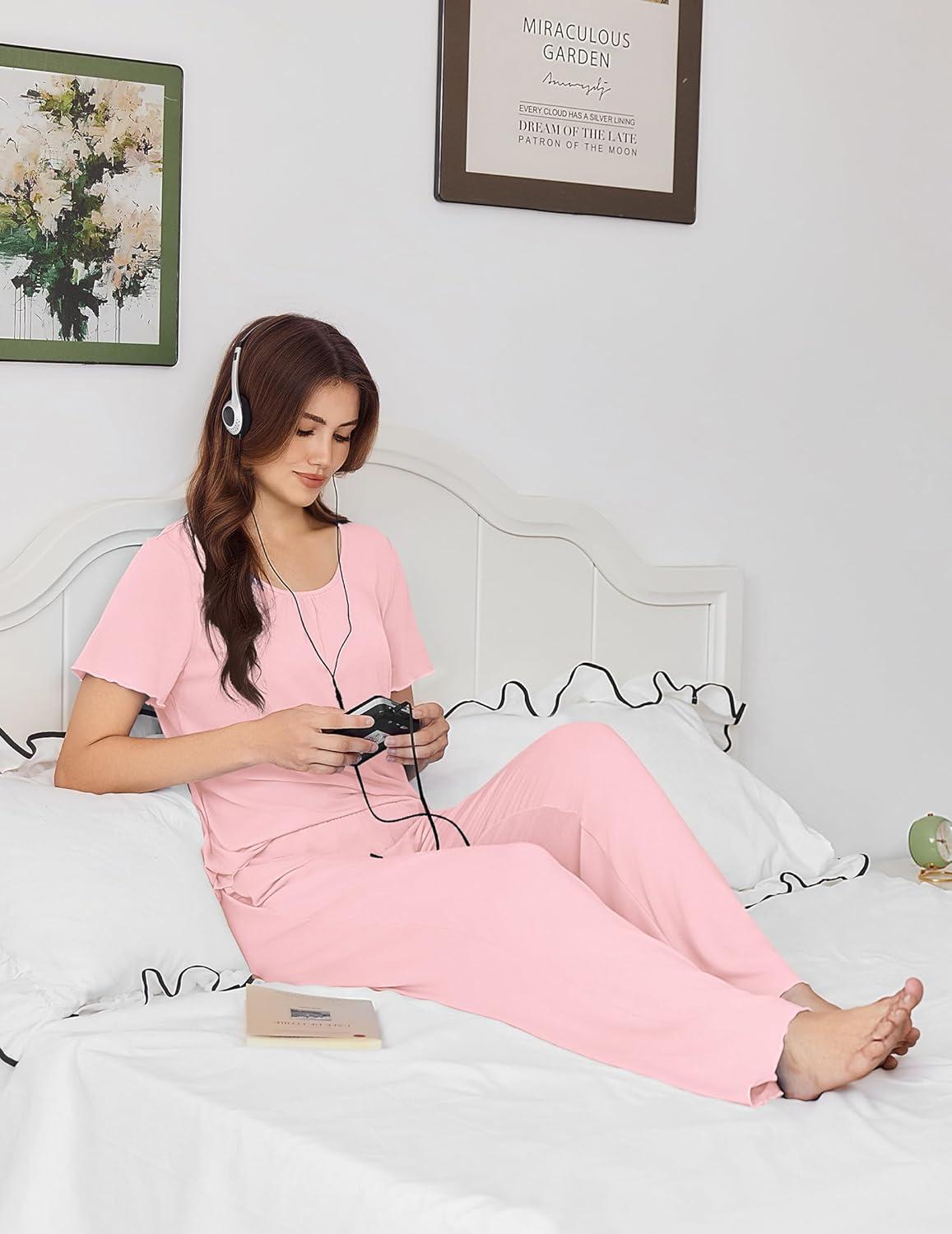 imageEkouaer Womens Pajama Sets Viscose from bamboo Lounge Set Soft Pajamas for Women Set Short Sleeve and Long Pants SleepwearLight Pink