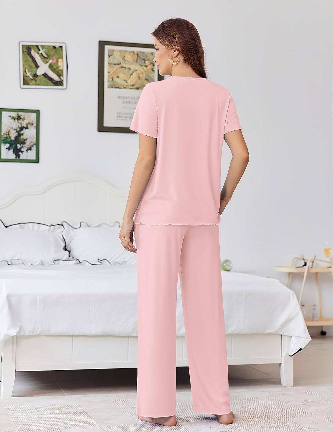 imageEkouaer Womens Pajama Sets Viscose from bamboo Lounge Set Soft Pajamas for Women Set Short Sleeve and Long Pants SleepwearLight Pink