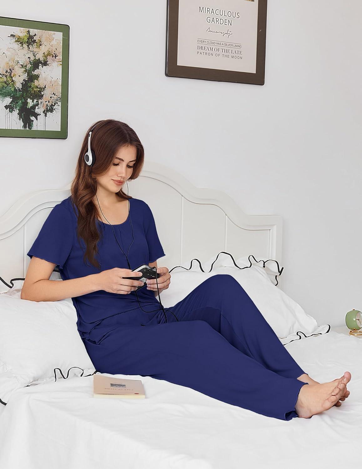 imageEkouaer Womens Pajama Sets Viscose from bamboo Lounge Set Soft Pajamas for Women Set Short Sleeve and Long Pants SleepwearNavy Blue