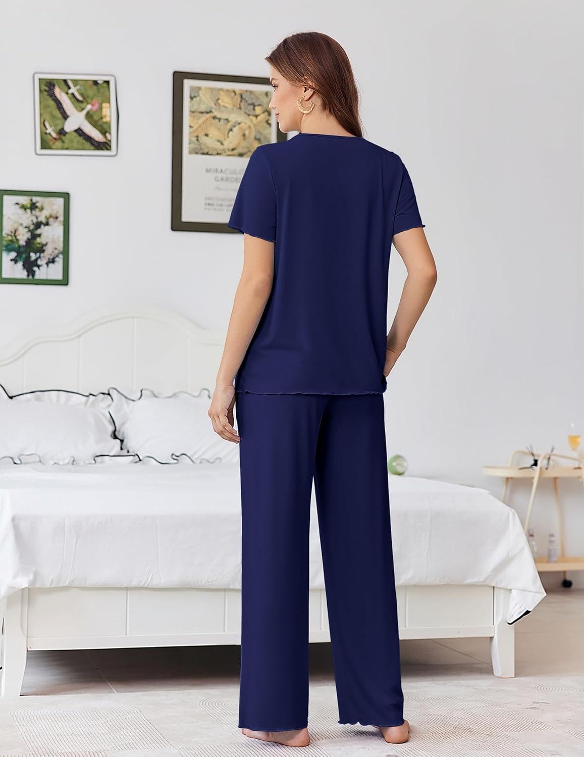 imageEkouaer Womens Pajama Sets Viscose from bamboo Lounge Set Soft Pajamas for Women Set Short Sleeve and Long Pants SleepwearNavy Blue