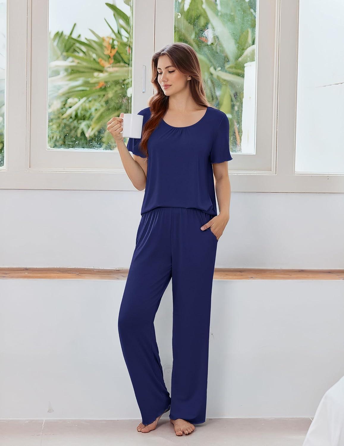 imageEkouaer Womens Pajama Sets Viscose from bamboo Lounge Set Soft Pajamas for Women Set Short Sleeve and Long Pants SleepwearNavy Blue