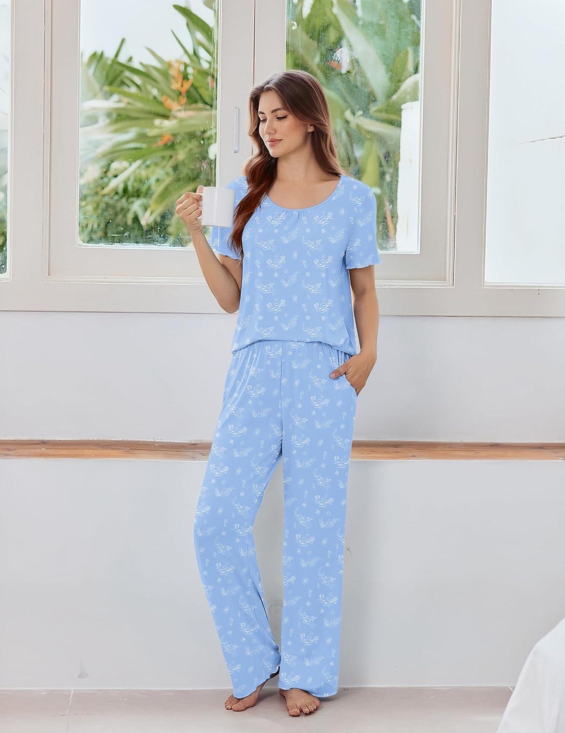 imageEkouaer Womens Pajama Sets Viscose from bamboo Lounge Set Soft Pajamas for Women Set Short Sleeve and Long Pants SleepwearSea Animals
