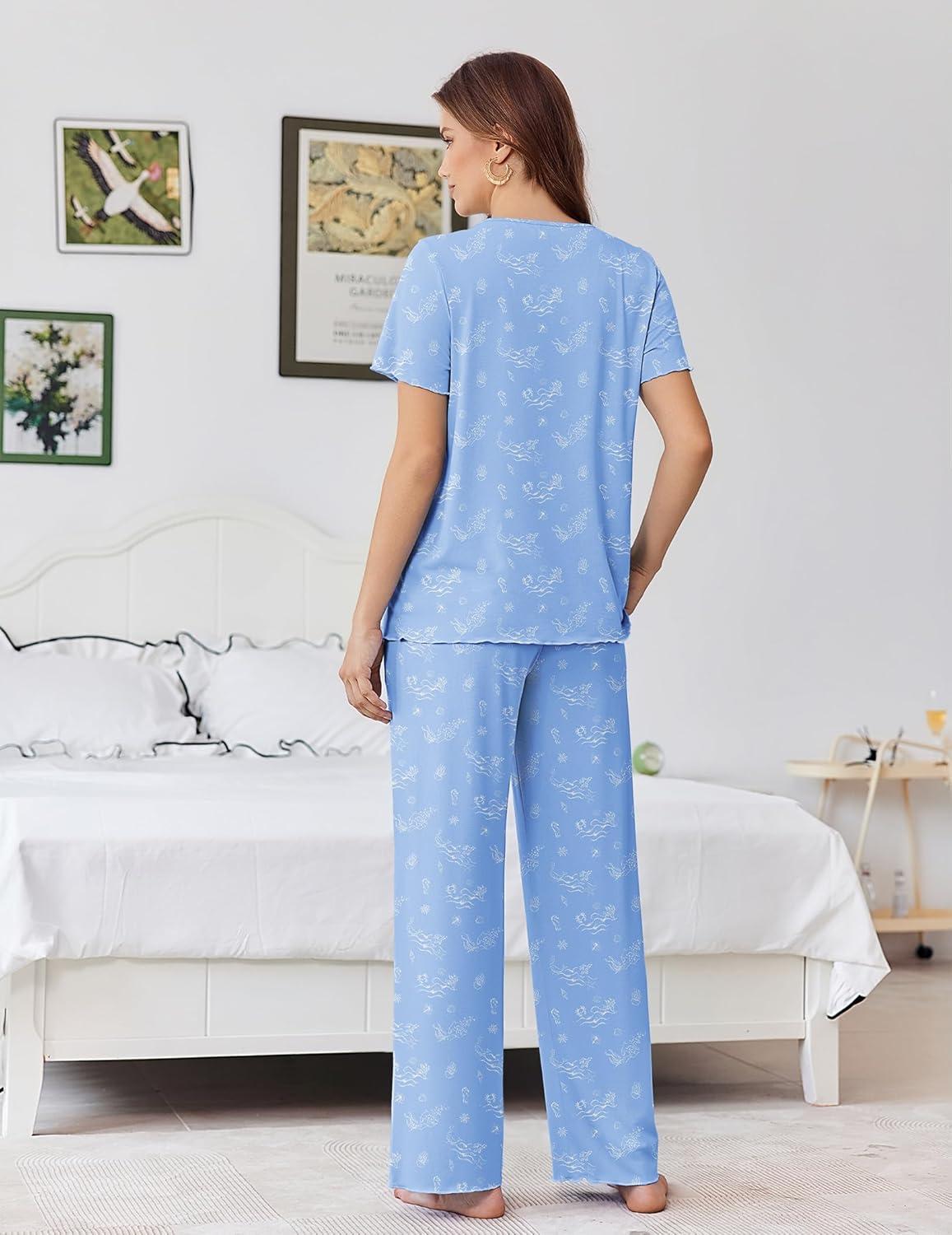 imageEkouaer Womens Pajama Sets Viscose from bamboo Lounge Set Soft Pajamas for Women Set Short Sleeve and Long Pants SleepwearSea Animals
