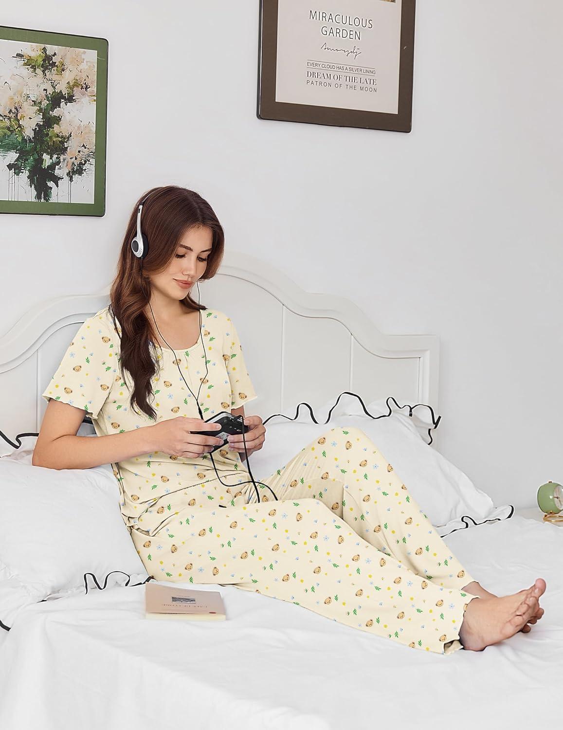 imageEkouaer Womens Pajama Sets Viscose from bamboo Lounge Set Soft Pajamas for Women Set Short Sleeve and Long Pants SleepwearTeddy Bear