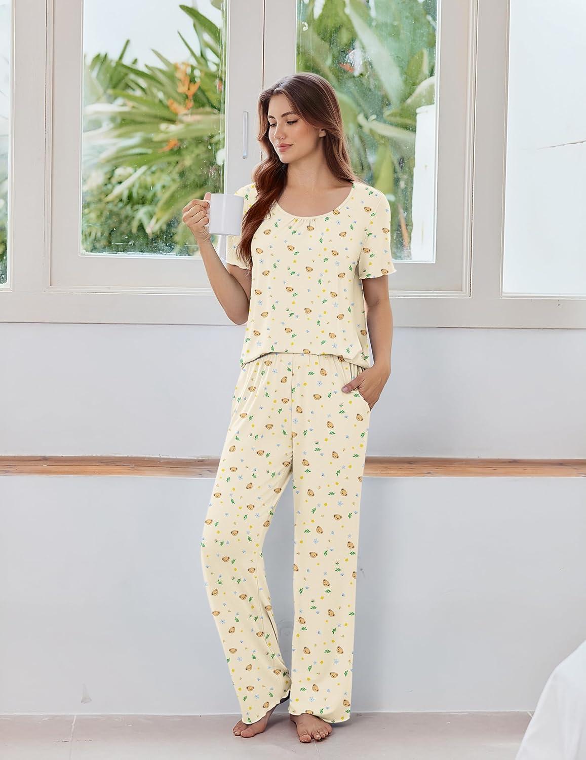 imageEkouaer Womens Pajama Sets Viscose from bamboo Lounge Set Soft Pajamas for Women Set Short Sleeve and Long Pants SleepwearTeddy Bear