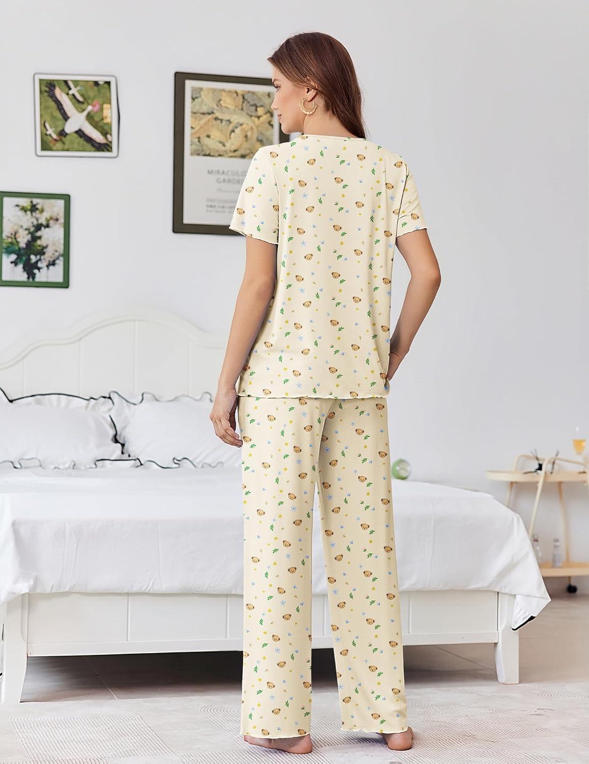 imageEkouaer Womens Pajama Sets Viscose from bamboo Lounge Set Soft Pajamas for Women Set Short Sleeve and Long Pants SleepwearTeddy Bear
