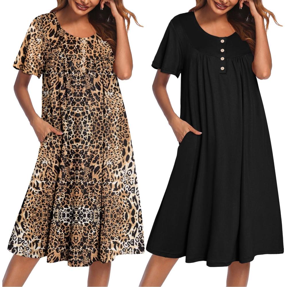 imageEkouaer 2 Pack House Dresses for Women with Pockets Short Sleeve Moomoo Nightgown Plus Size Mumu Dress Floral Lounge DressBlackLeopard