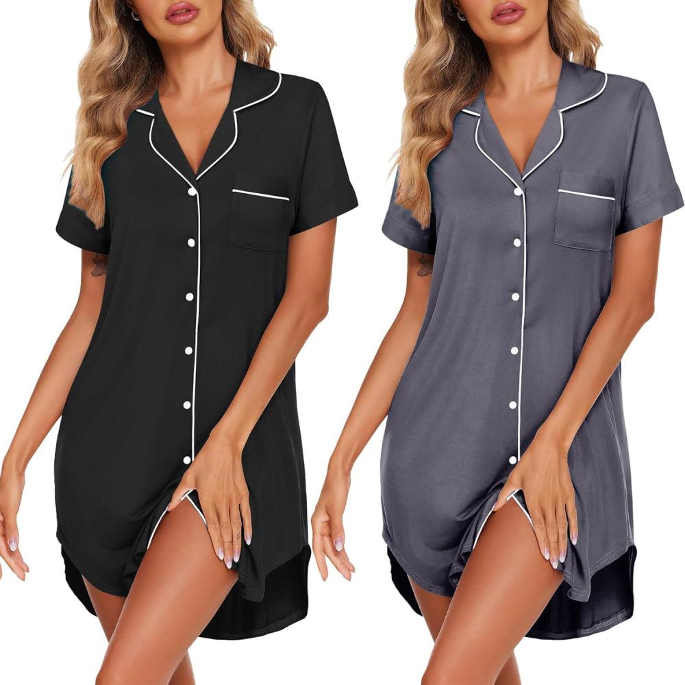 imageEkouaer 2 Pack Nightgowns for Women Button Down Sleepshirts Short Sleeve Sleepwear V Neck Nightshirt Pajama DressBlackGrey