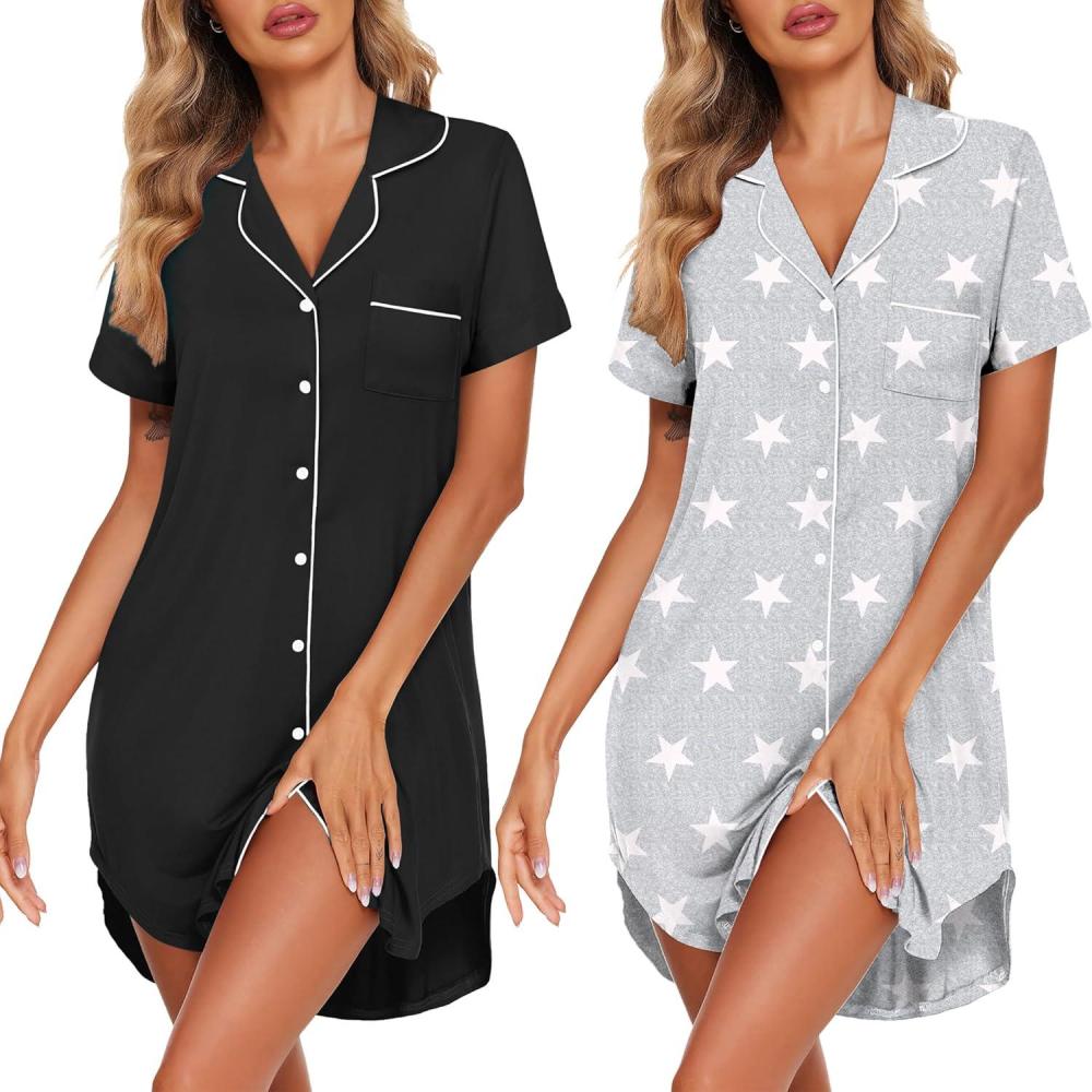 imageEkouaer 2 Pack Nightgowns for Women Button Down Sleepshirts Short Sleeve Sleepwear V Neck Nightshirt Pajama DressBlackGrey Stars