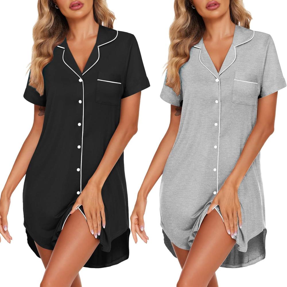 imageEkouaer 2 Pack Nightgowns for Women Button Down Sleepshirts Short Sleeve Sleepwear V Neck Nightshirt Pajama DressBlackLight Grey