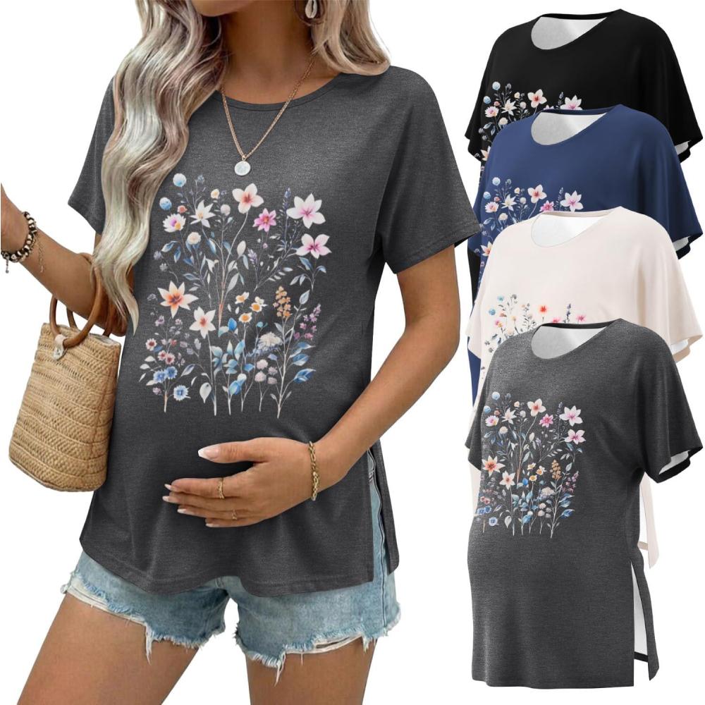 imageEkouaer 4 Pack Maternity Shirts Short Sleeve Pregnancy Tunic Tops Casual Postpartum Outfits Split Side Mama ClothesApricotBlackBlueDark Gray Floral