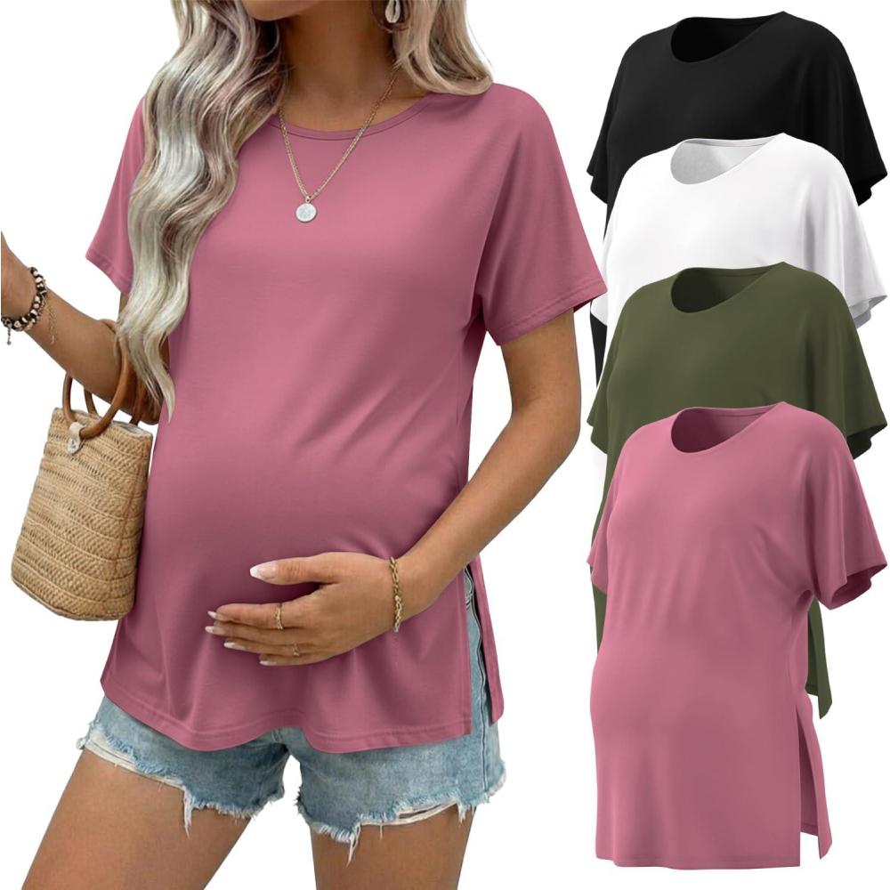 imageEkouaer 4 Pack Maternity Shirts Short Sleeve Pregnancy Tunic Tops Casual Postpartum Outfits Split Side Mama ClothesBlackArmy GreenWhiteGray Purple