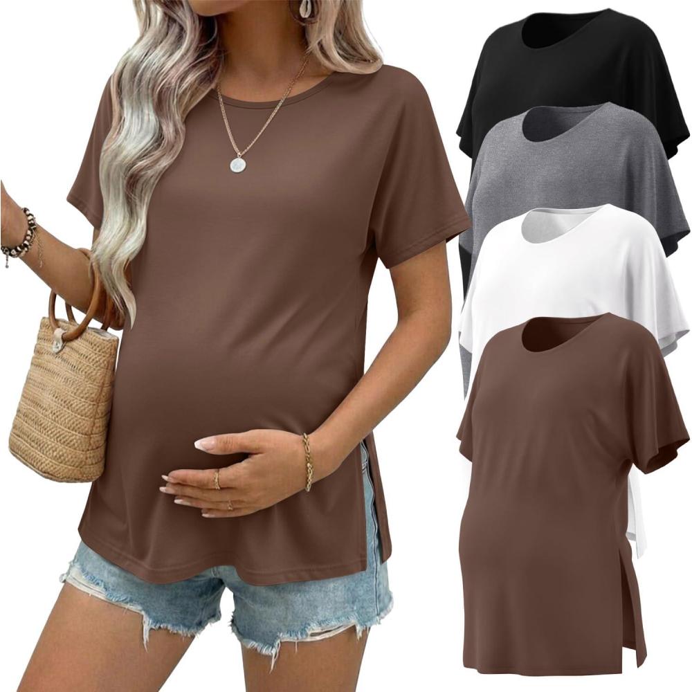 imageEkouaer 4 Pack Maternity Shirts Short Sleeve Pregnancy Tunic Tops Casual Postpartum Outfits Split Side Mama ClothesBlackBrownGrayWhite