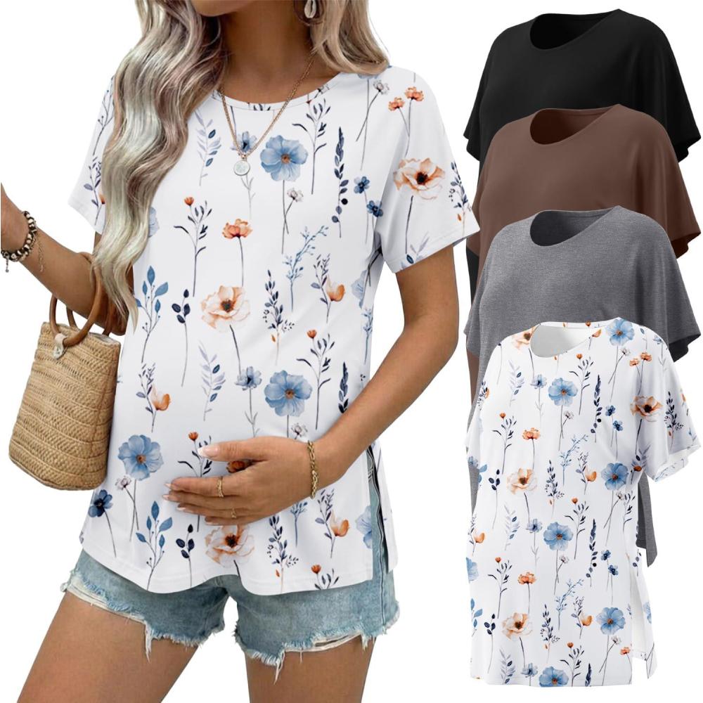 imageEkouaer 4 Pack Maternity Shirts Short Sleeve Pregnancy Tunic Tops Casual Postpartum Outfits Split Side Mama ClothesBlackBrownGrayWhite Floral