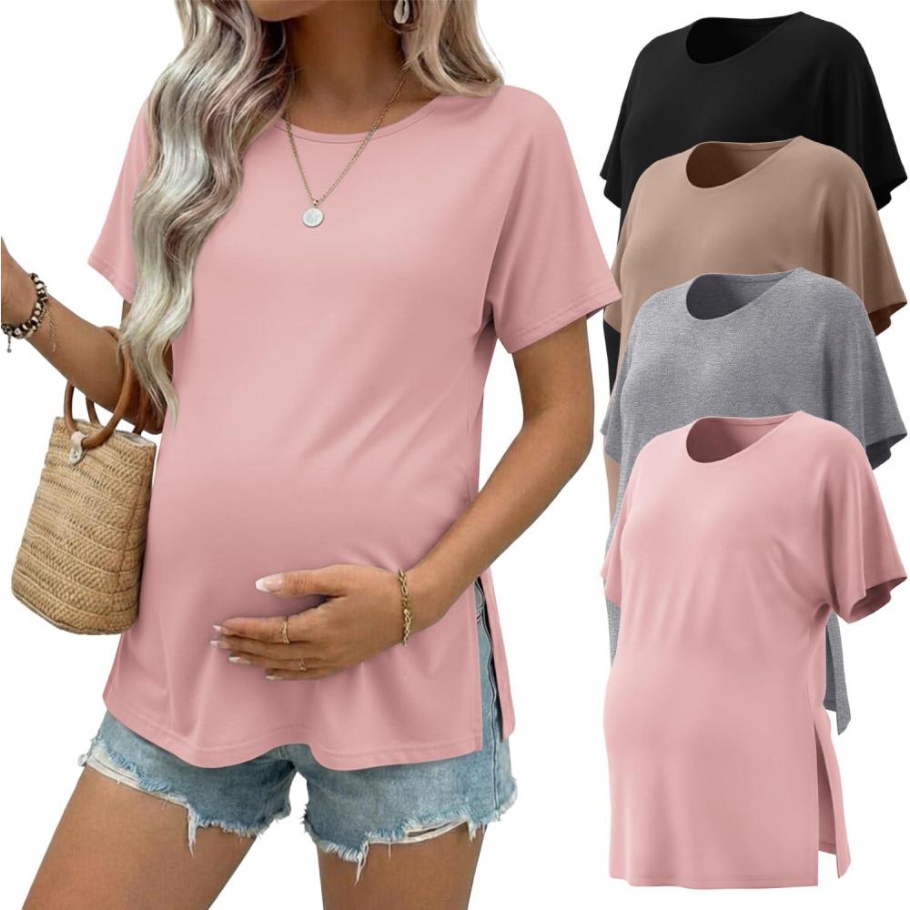 imageEkouaer 4 Pack Maternity Shirts Short Sleeve Pregnancy Tunic Tops Casual Postpartum Outfits Split Side Mama ClothesBlackKhakiLight PinkLight Gray