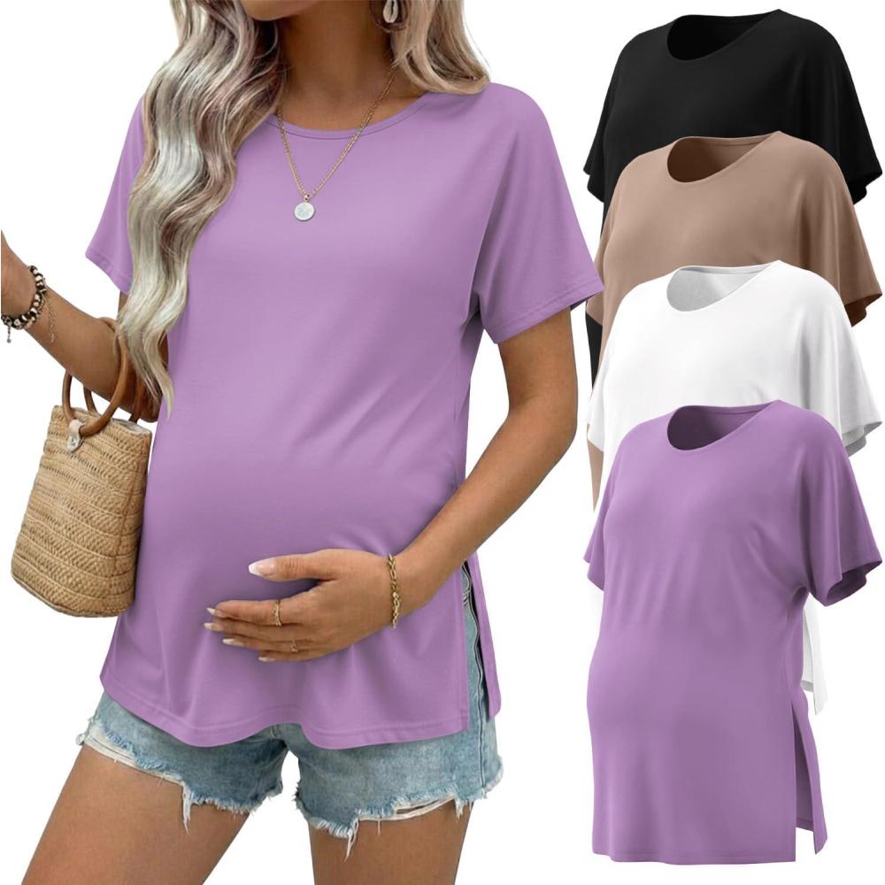 imageEkouaer 4 Pack Maternity Shirts Short Sleeve Pregnancy Tunic Tops Casual Postpartum Outfits Split Side Mama ClothesBlackKhakiLight PurpleWhite